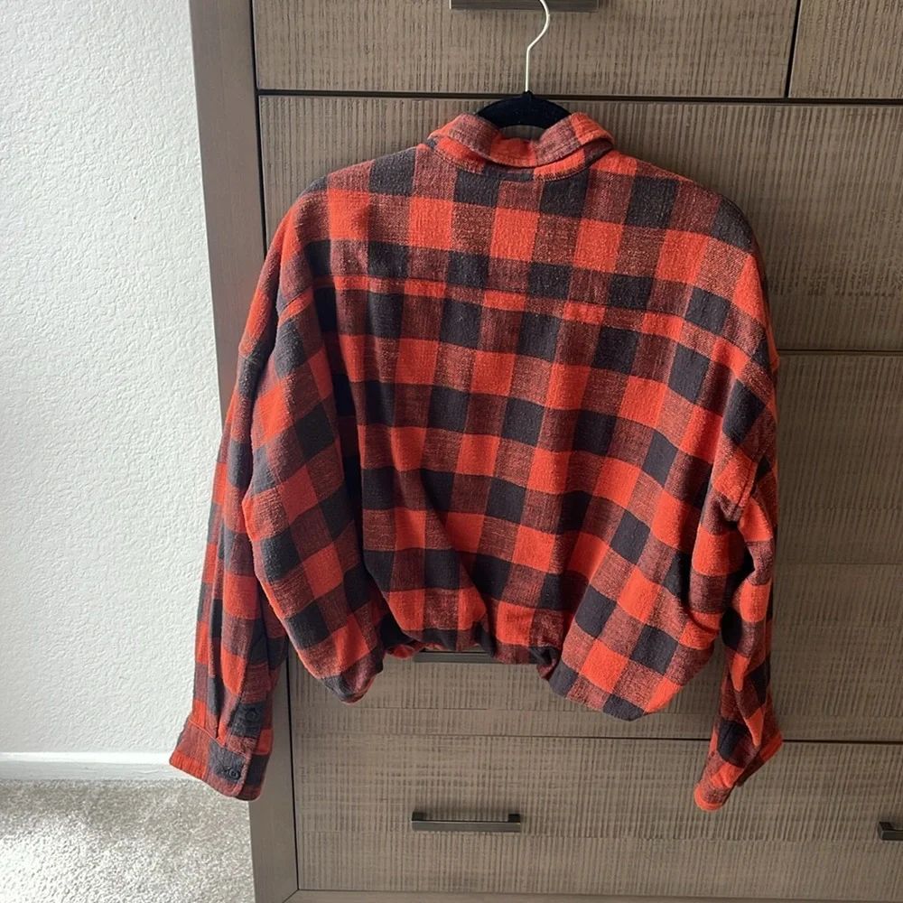 R13 Red and Black Buffalo Plaid Cropped Button-Up Shirt - Picture 6 of 14